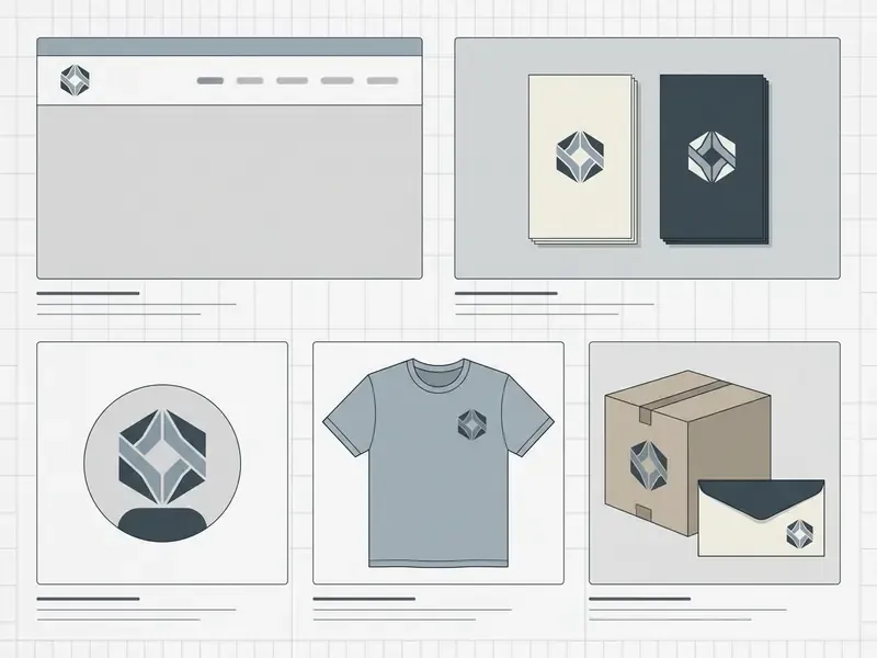 Mockups of a logo design on a website header, business cards, social avatar, t-shirt, and shipping box
