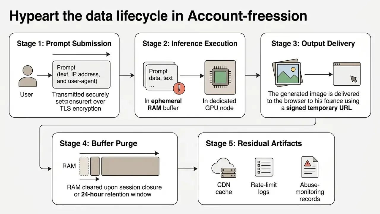 Flowchart depicting the five stages of data processing in an account-free AI image generator session