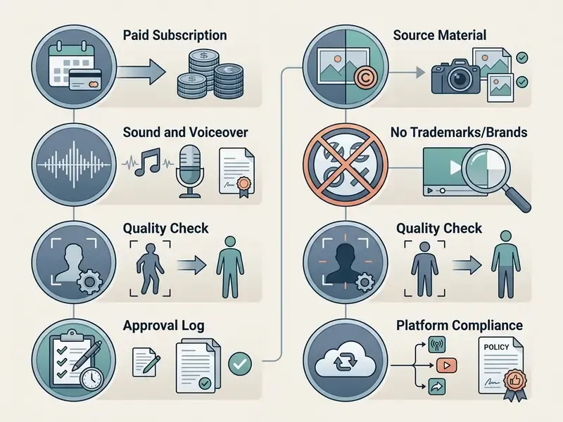Checklist of requirements for commercial video use including subscriptions, licenses, and quality audits