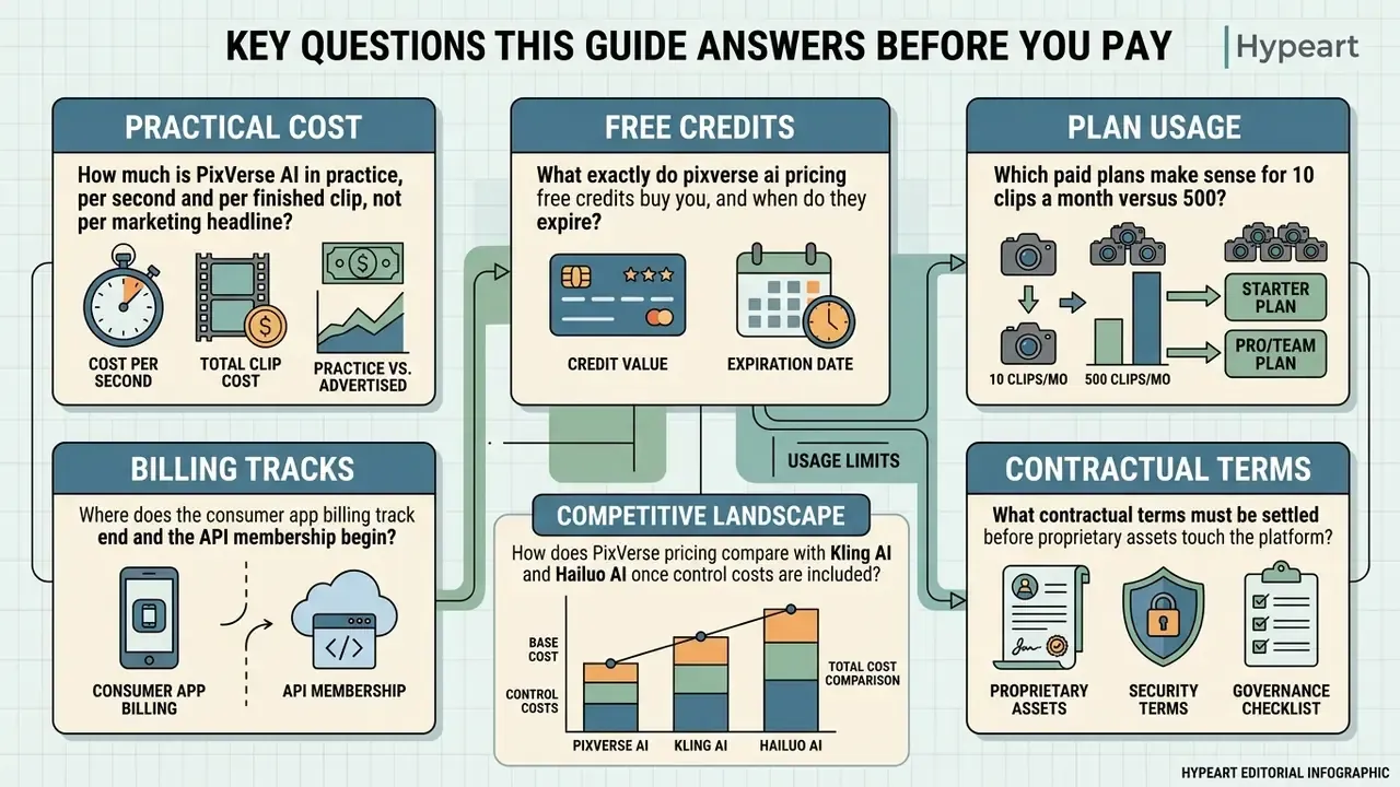 Infographic flowchart outlining key considerations for evaluating PixVerse AI pricing plans