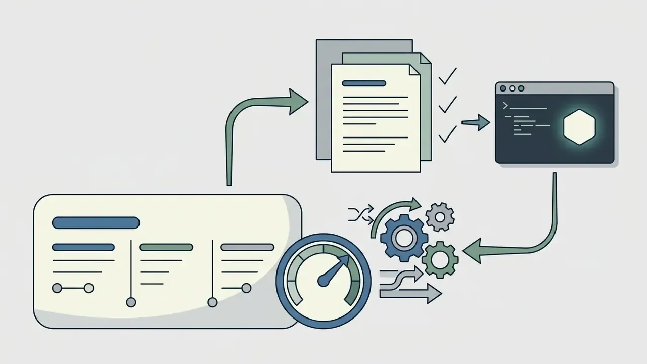Data panel feeding into documents and a code interface processed by gears and a performance gauge