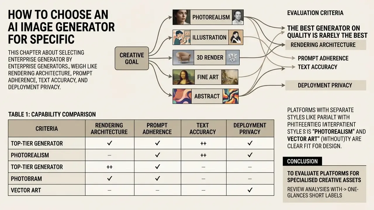 Comparison table and flowchart mapping creative goals to AI image generator evaluation criteria