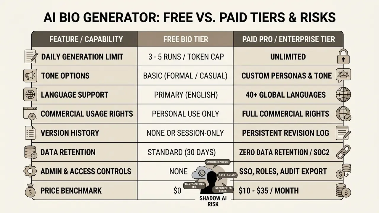 Comparison matrix detailing feature differences and security risks between free and paid subscription tiers