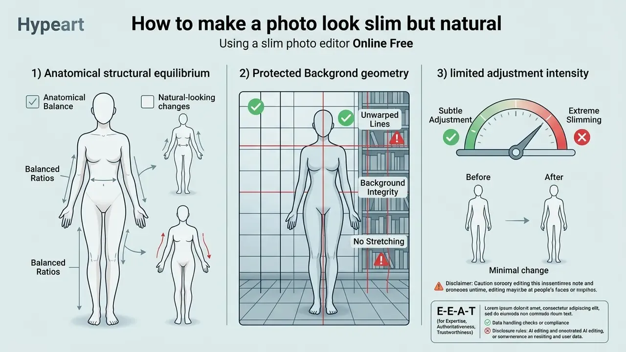 Infographic illustrating three key principles for natural body reshaping including balance and background care