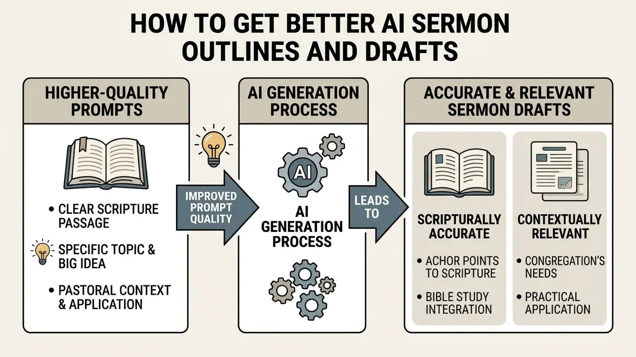 Three-stage infographic linking quality prompts to accurate and relevant ministry content creation