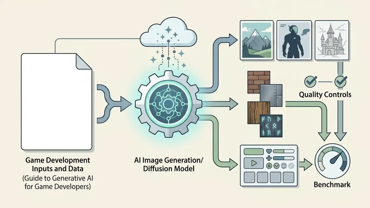 Game development data flowing into an AI model to generate art assets, textures, and UI elements