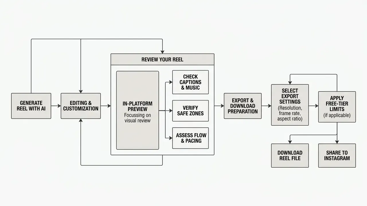 Diagram detailing the post-generation workflow from visual review to export and final sharing options
