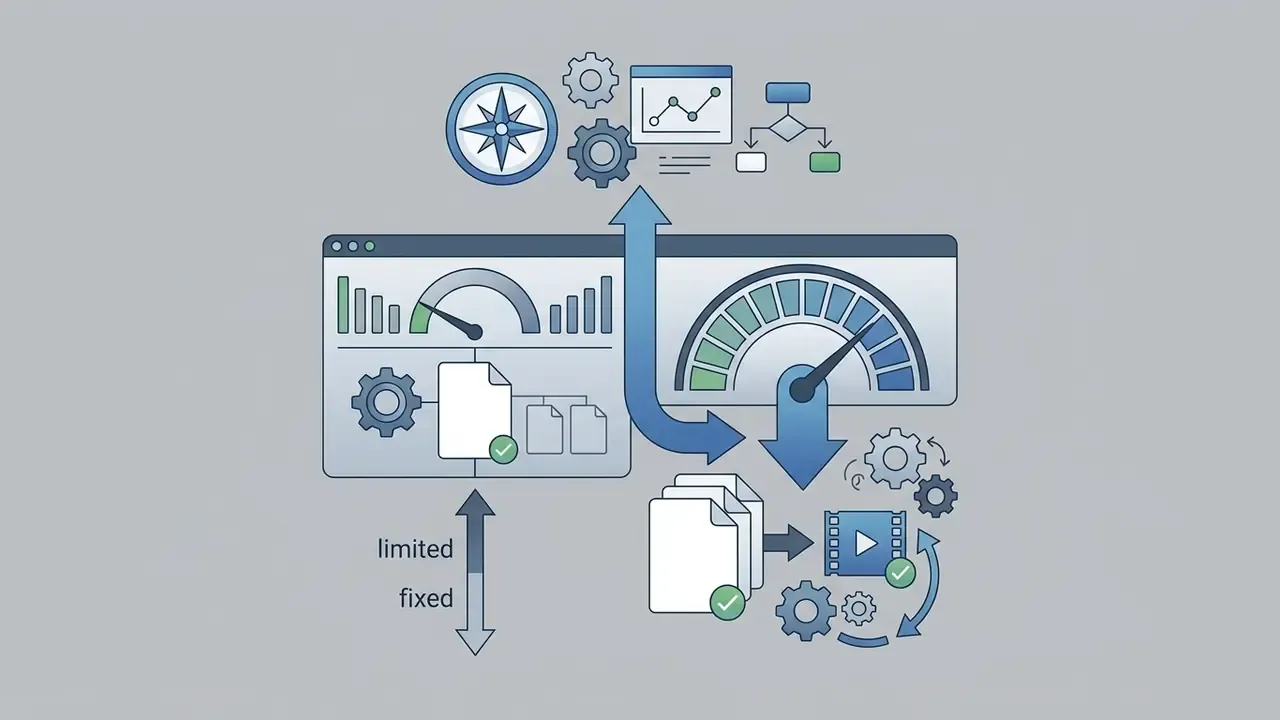 Dashboard interface with speed gauges and gears connecting document processing to media asset creation