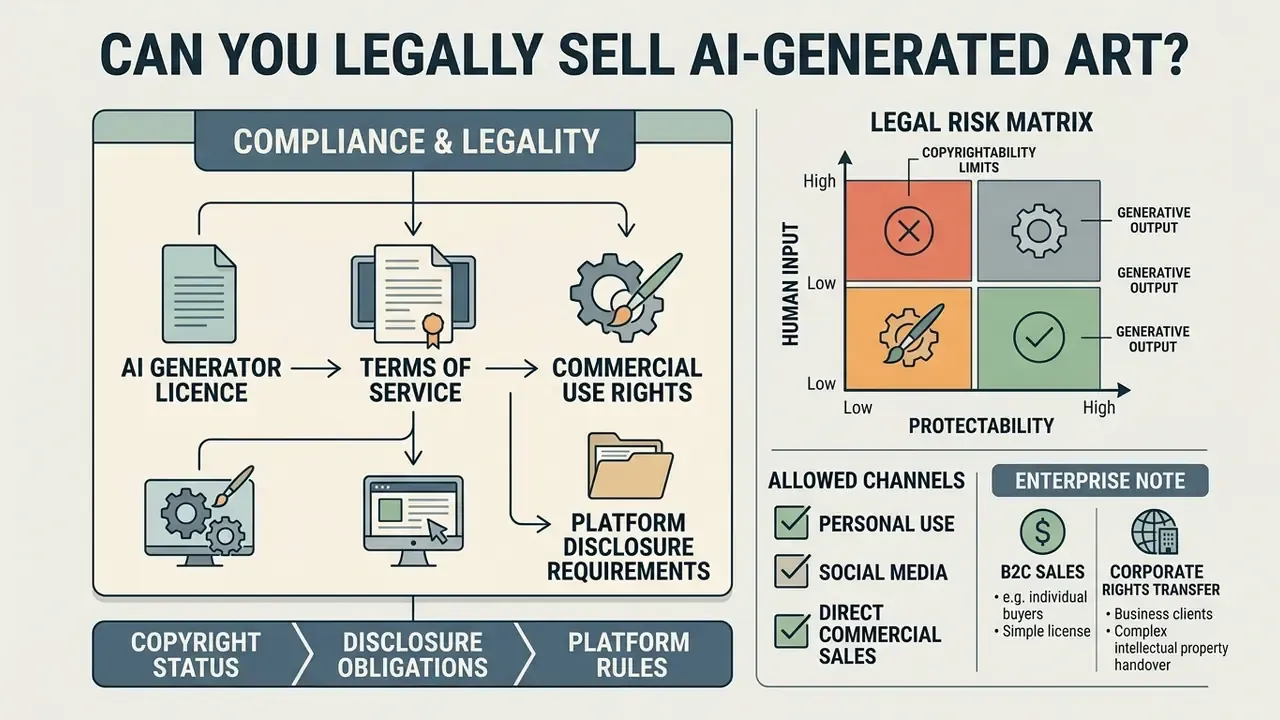 Infographic showing a flowchart of legal compliance steps and a risk matrix for selling AI art