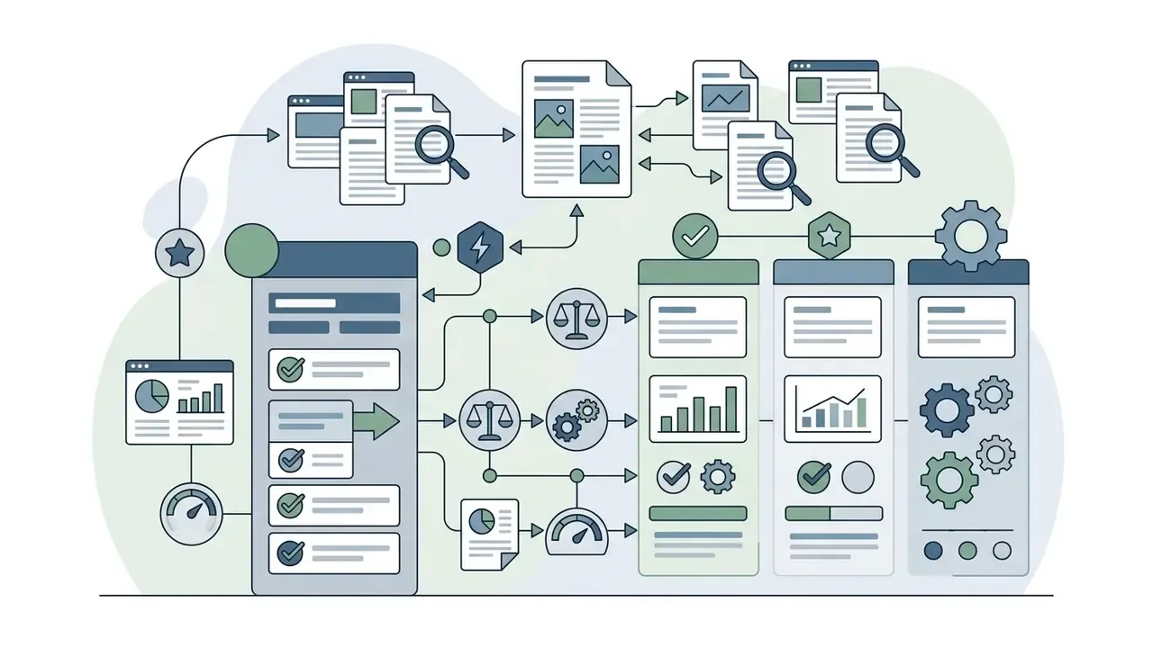 System of icons and panels comparing Midjourney AI image generator features through data flow paths