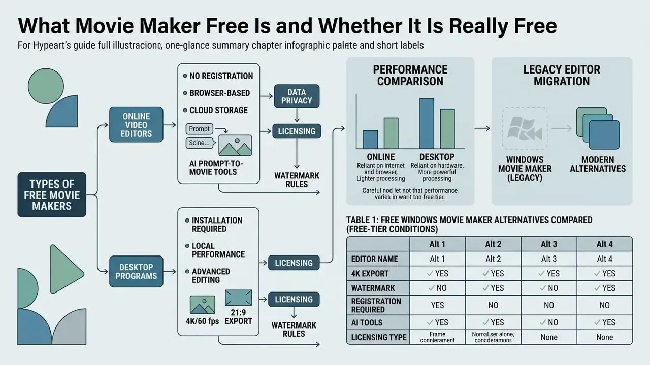 Flowchart comparing online and desktop movie maker free software features and migration options
