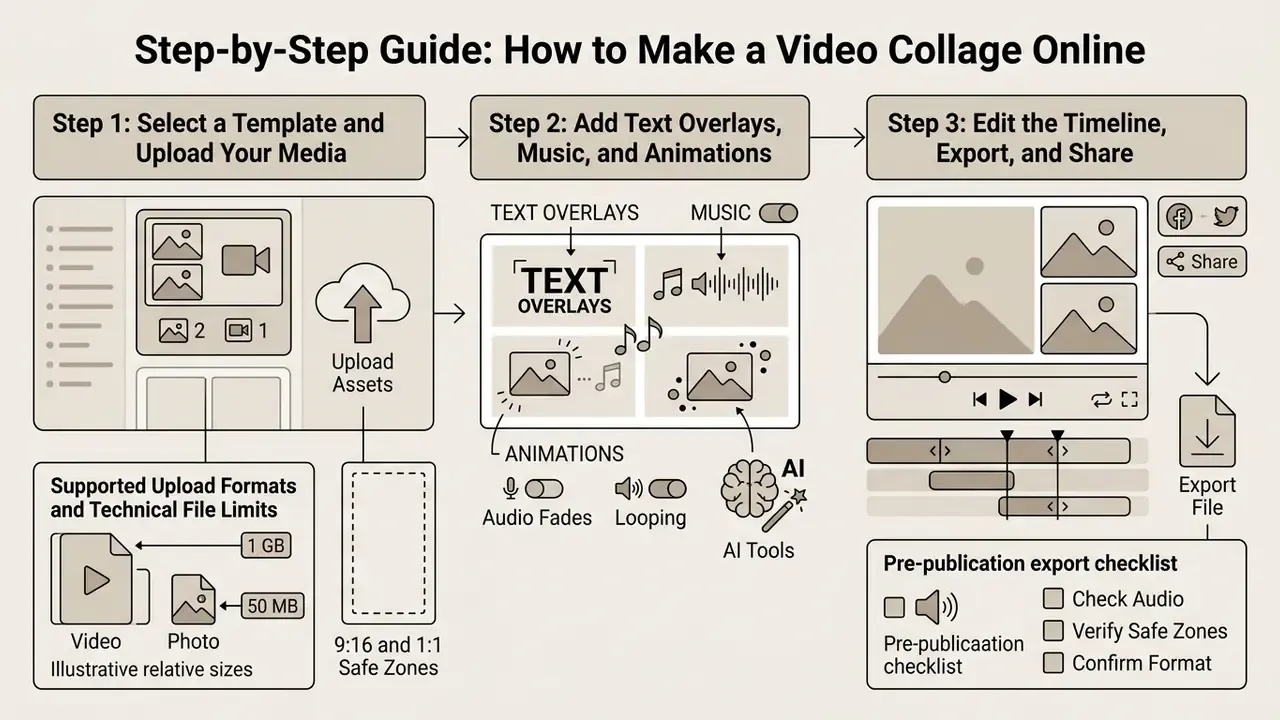 Three-step workflow showing media uploads, editing features, and final export with a pre-publication checklist