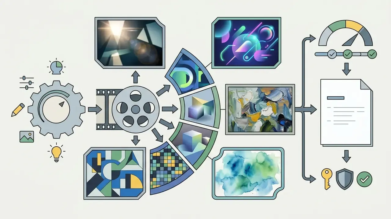 Gear mechanism feeding into a film reel that branches out to display diverse artistic style outputs