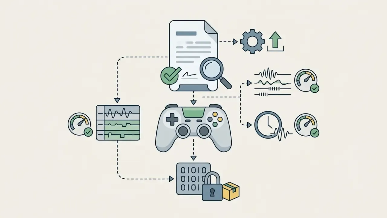 Document review process connected to a game controller, audio waveforms, and binary data with a padlock