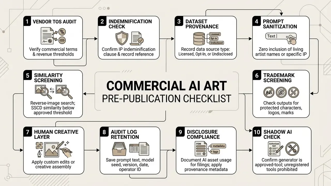 Ten-step process diagram detailing legal and technical requirements for publishing commercial AI art
