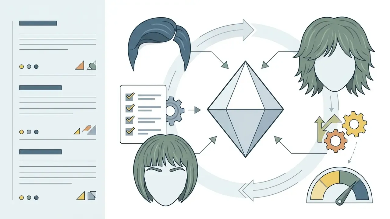 Diamond face outline with hairstyle options, checklist, gear icons, and a performance gauge