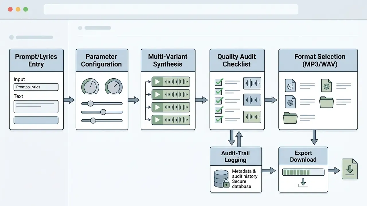 Sequential workflow diagram showing steps from prompt entry to quality audit and final file export
