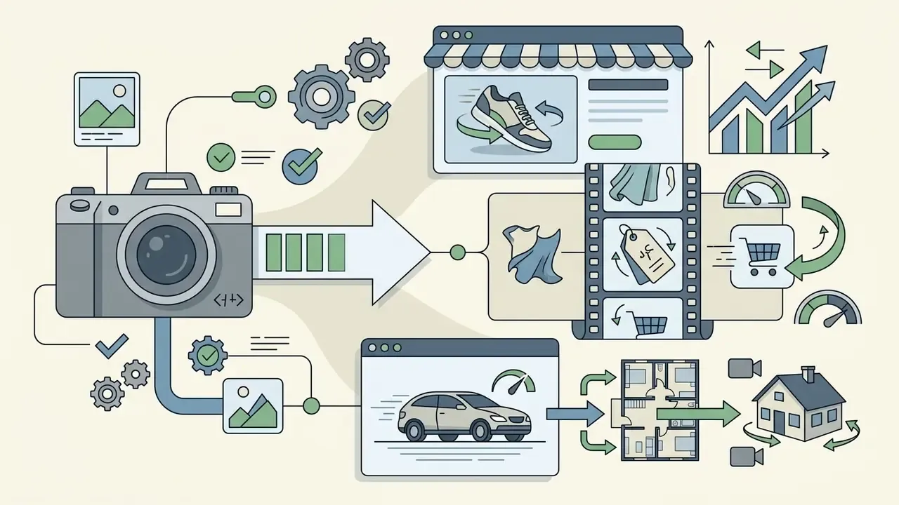 Camera processing static product photos into animated e-commerce and real estate marketing clips