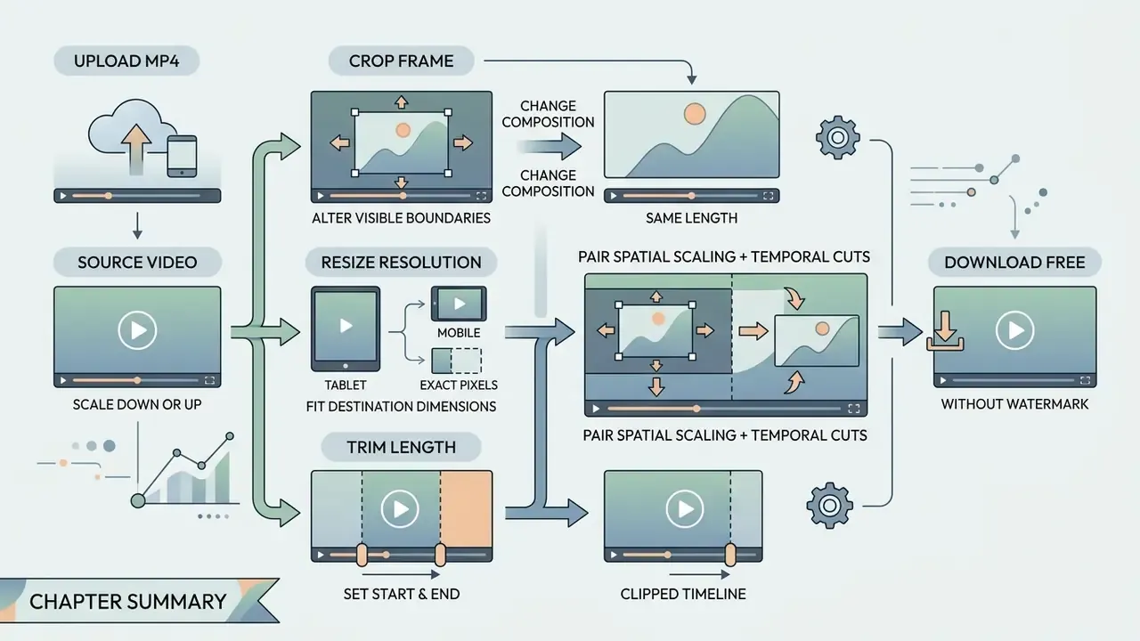 Flowchart detailing the steps to crop, resize, and trim video files for various output formats