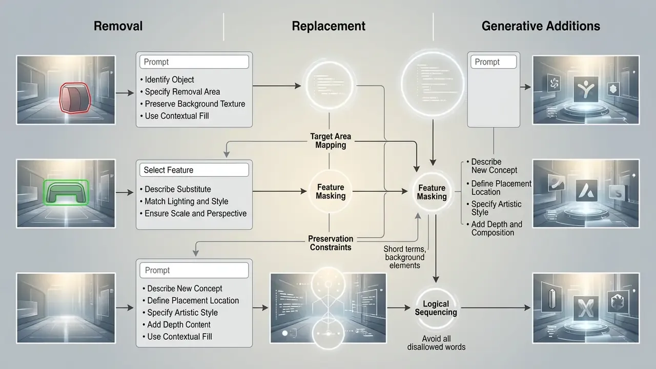 Workflow mapping prompt engineering steps for removing, replacing, and adding image elements