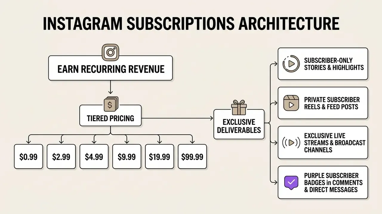 Flowchart detailing Instagram subscription pricing tiers and the corresponding exclusive content benefits