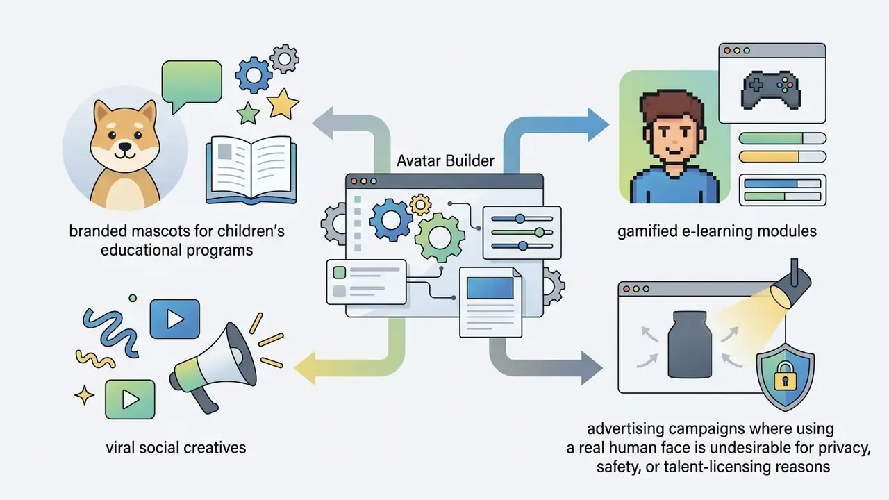 Central avatar builder interface connected to examples of educational mascots, e-learning, and advertising