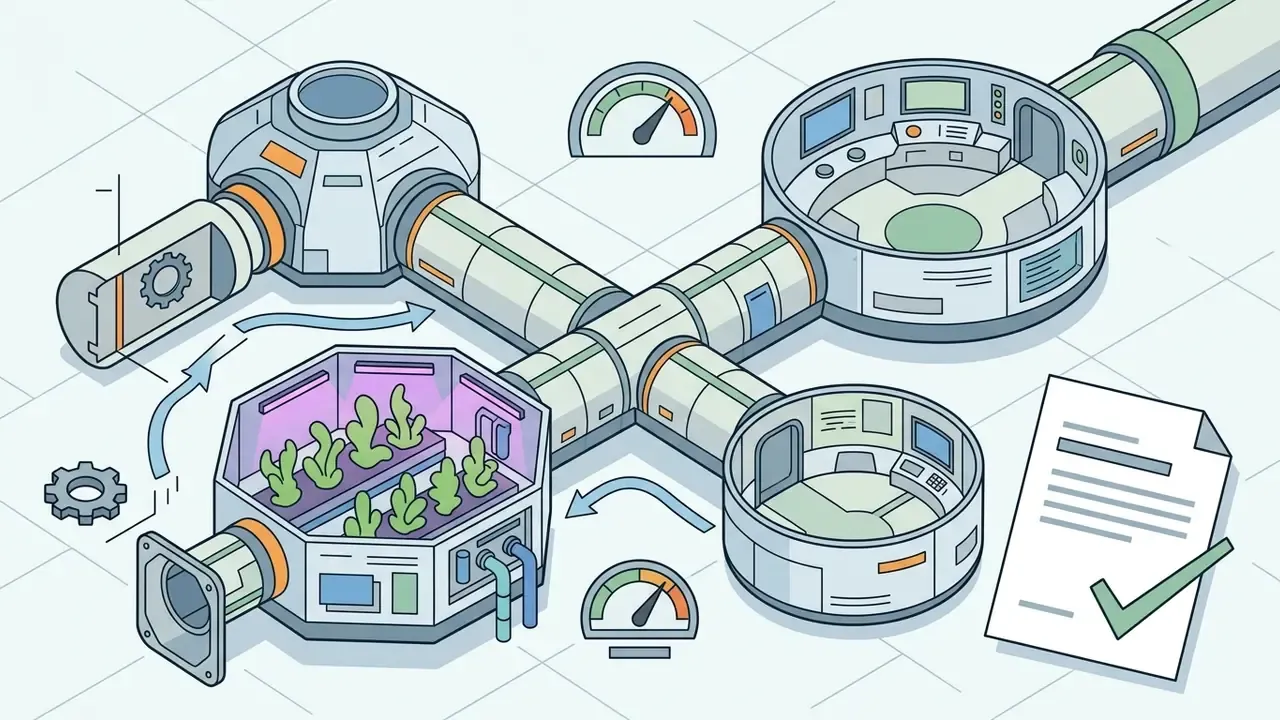 Vector schematic of a space station habitat with pressurized corridors, hydroponic bays, and gauges