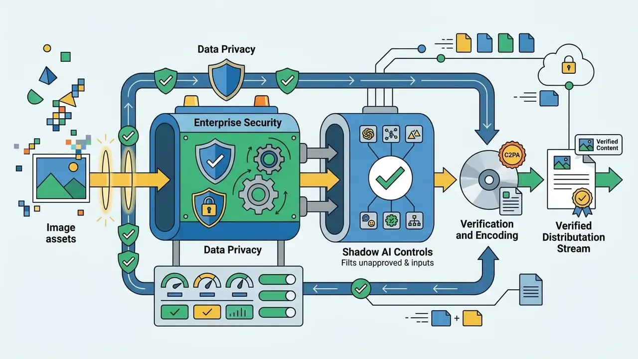 Workflow showing image assets passing through security and provenance encoding for verified distribution