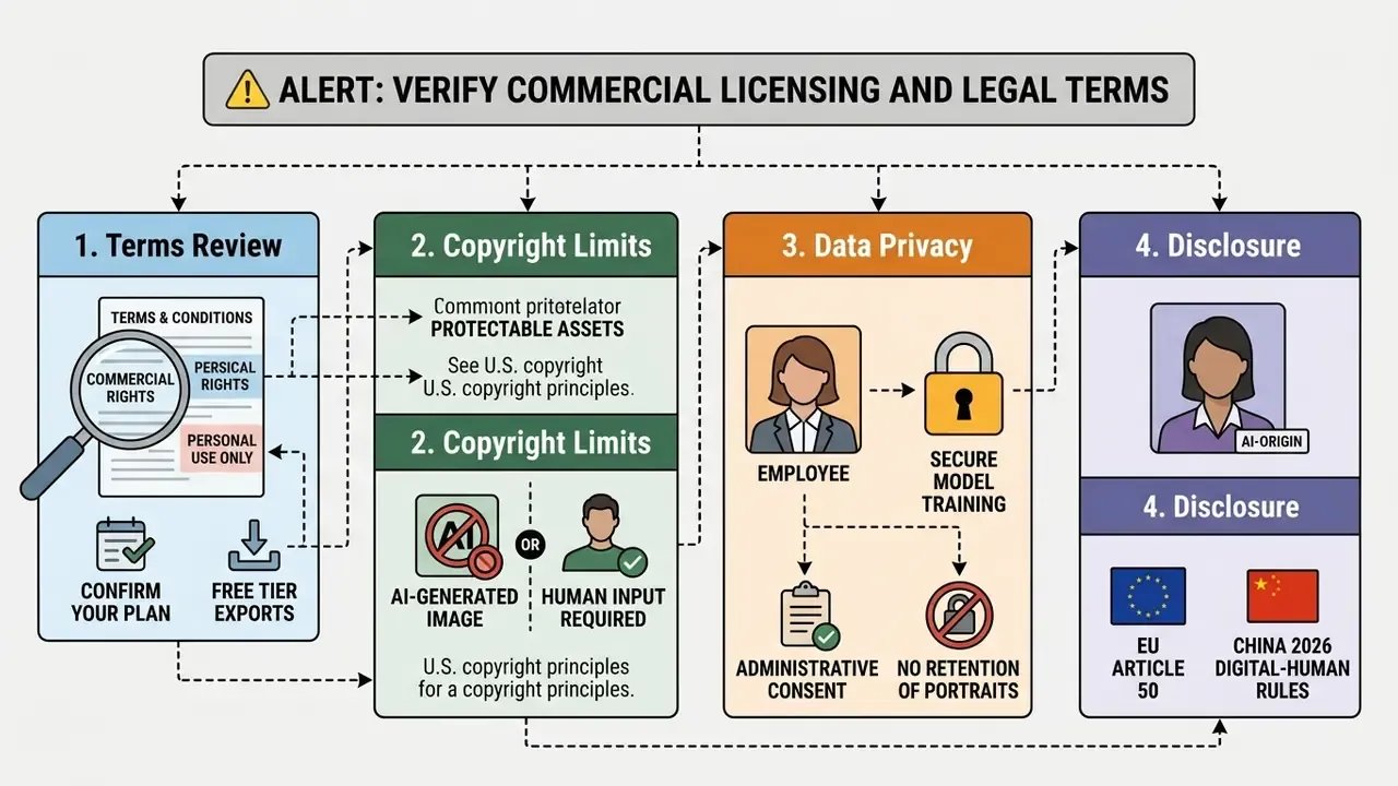 Four-step diagram detailing legal and privacy considerations for using an AI profile picture generator