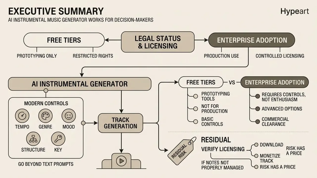 Flowchart comparing free tiers and enterprise adoption for an AI instrumental generator