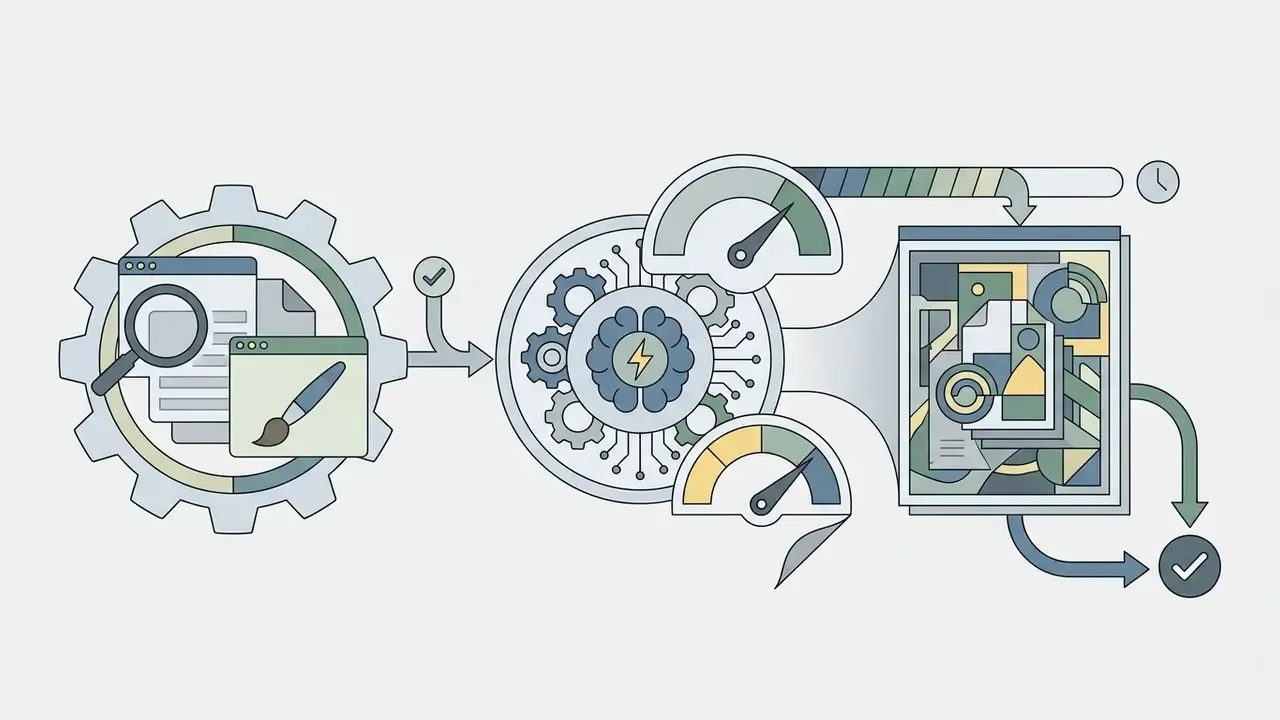 Gear system processing search and brush inputs into stylized outputs with speed and timing indicators