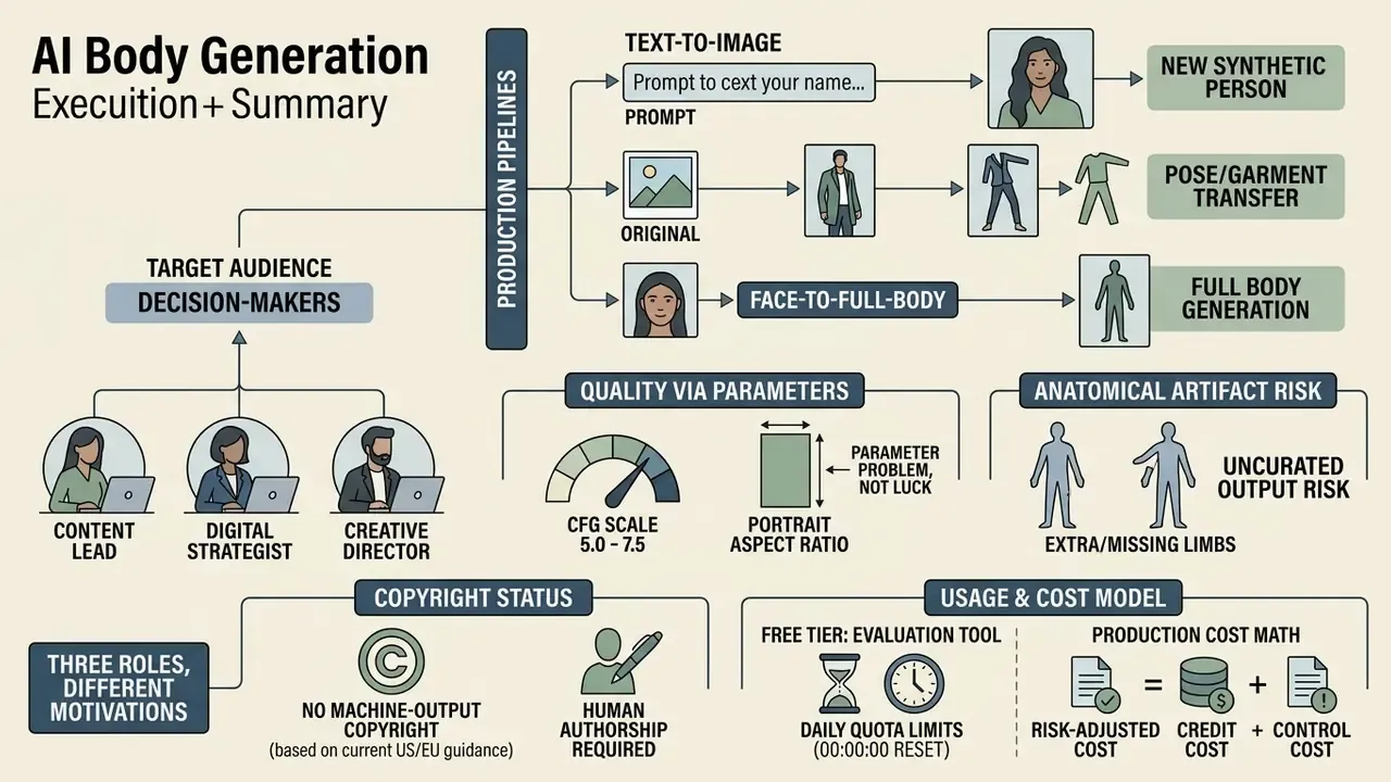 Flowchart detailing AI body generator production pipelines, quality parameters, and cost models