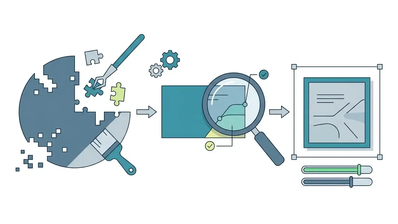 Puzzle pieces being assembled, inspected with a magnifying glass, and adjusted with sliders