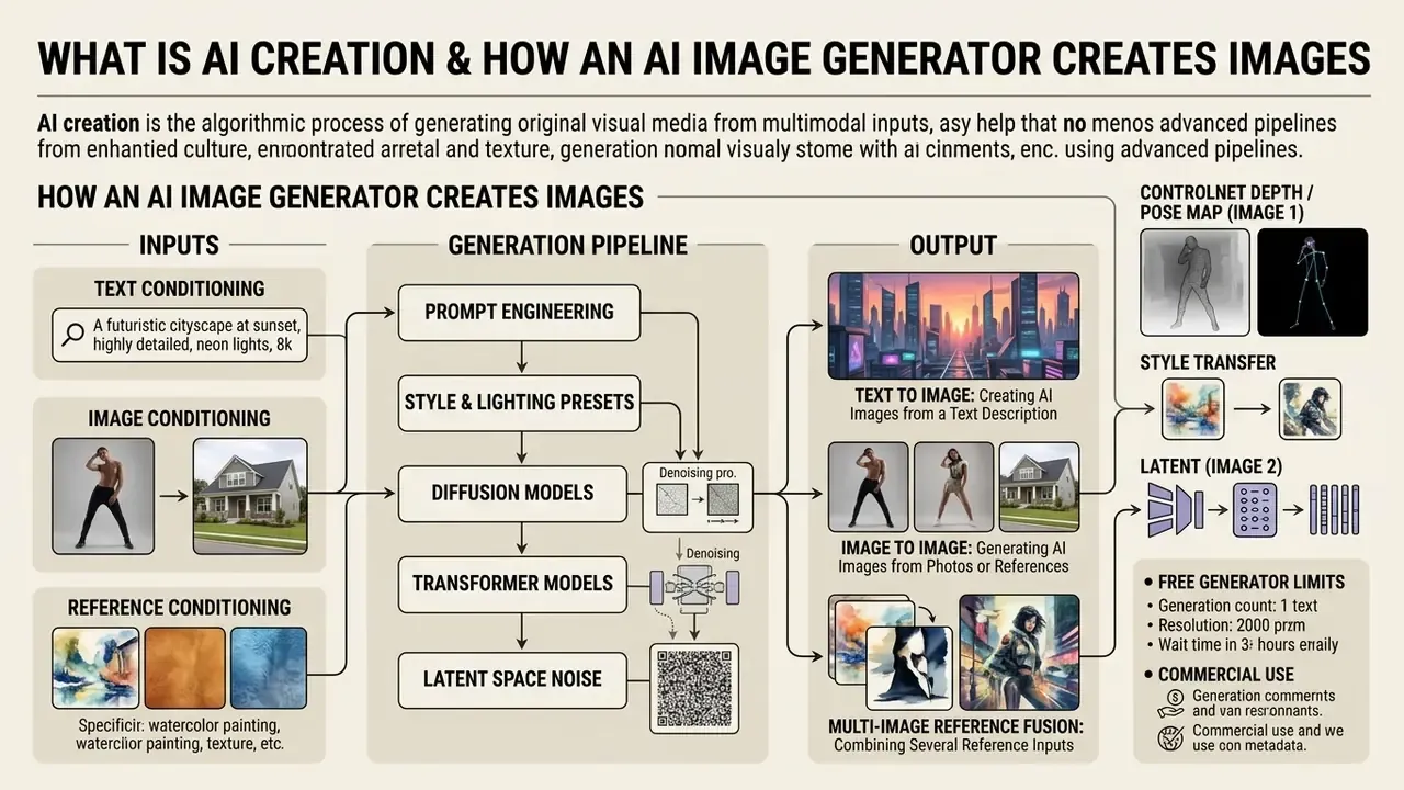 Flowchart detailing the AI creation process from input conditioning through the generation pipeline to output