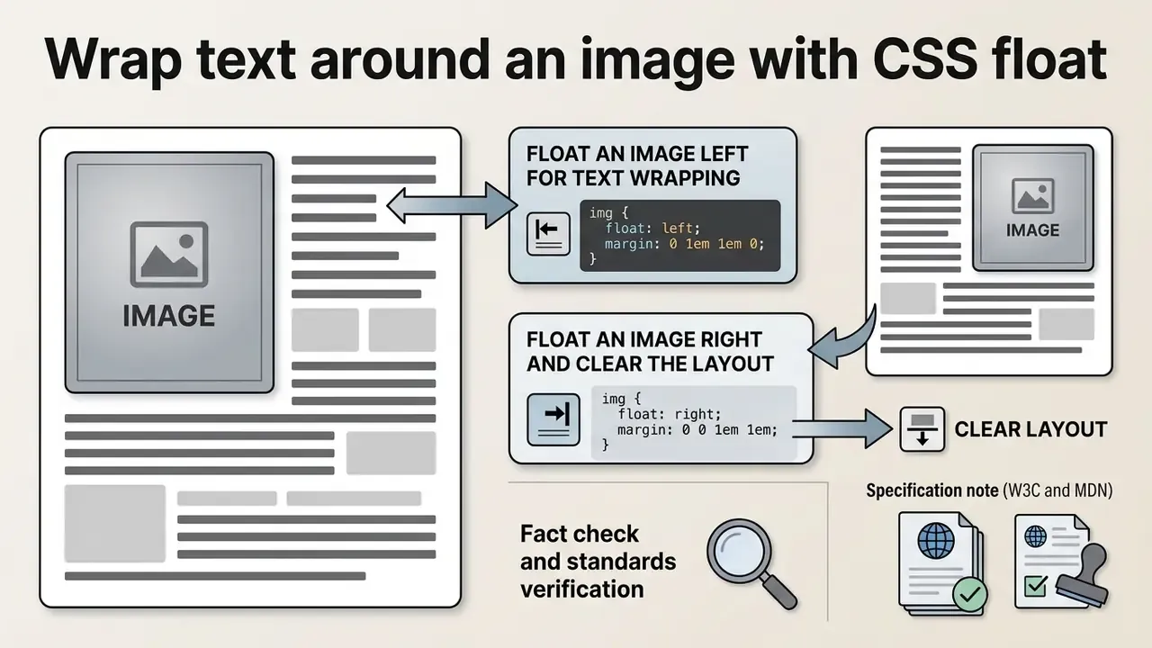 Diagram showing CSS code snippets to float images left or right for wrapping text around an image