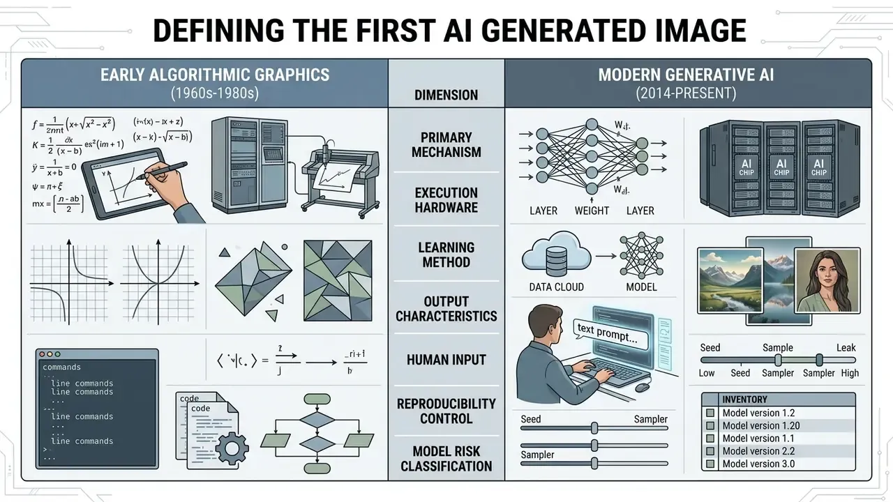 Comparison table contrasting early algorithmic graphics with modern generative AI through technical diagrams