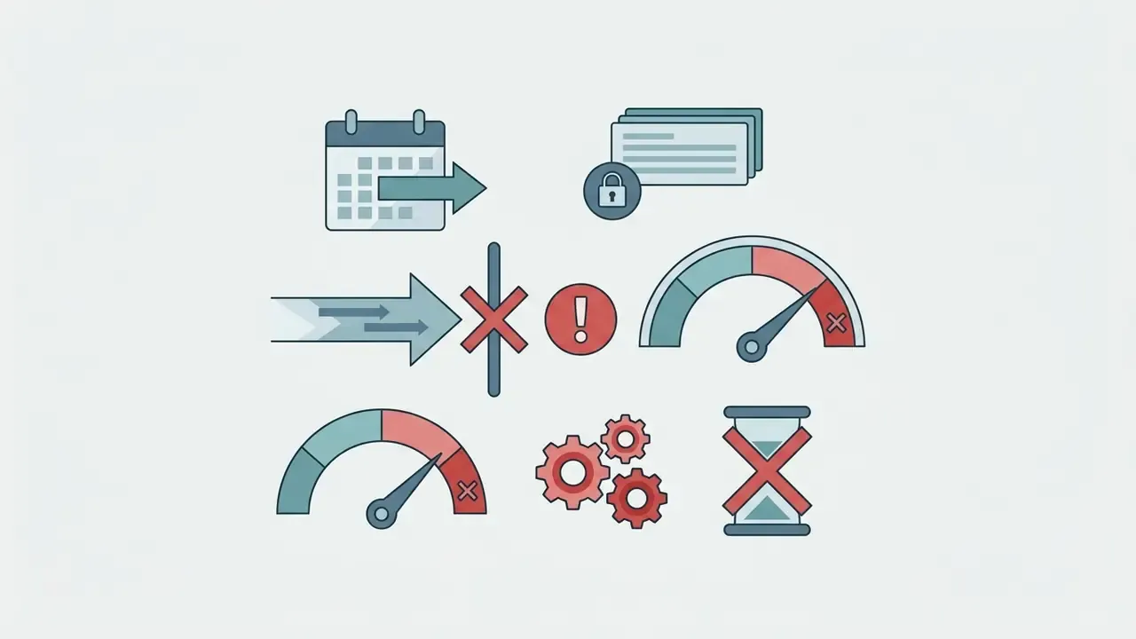Icons representing calendar limits, locked data, blocked traffic, speed gauges, gears, and an hourglass