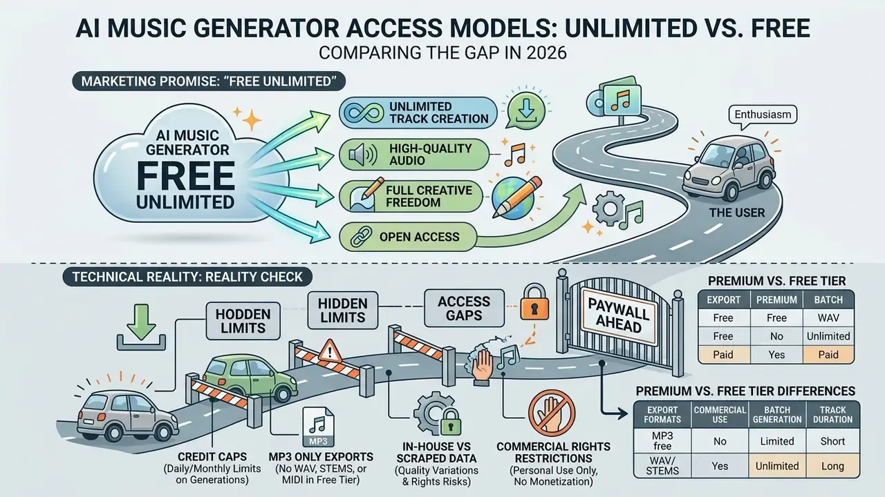 Infographic comparing marketing promises of free unlimited AI music generators against technical realities