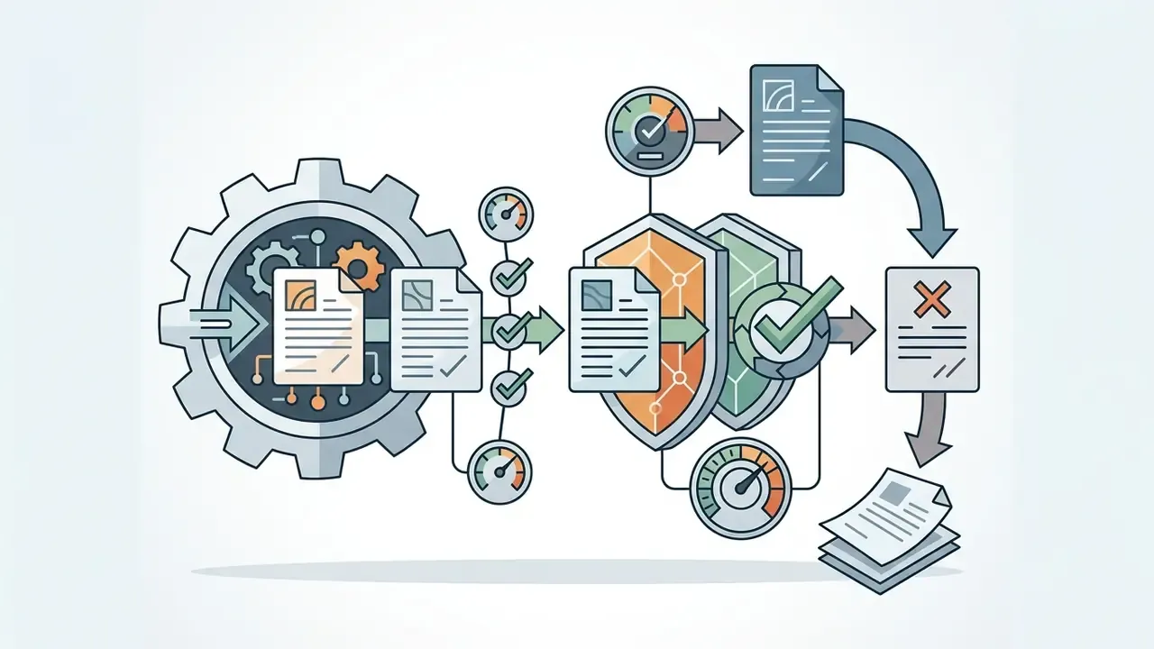 Gear mechanism processing documents through compliance shields and validation checks into final reports
