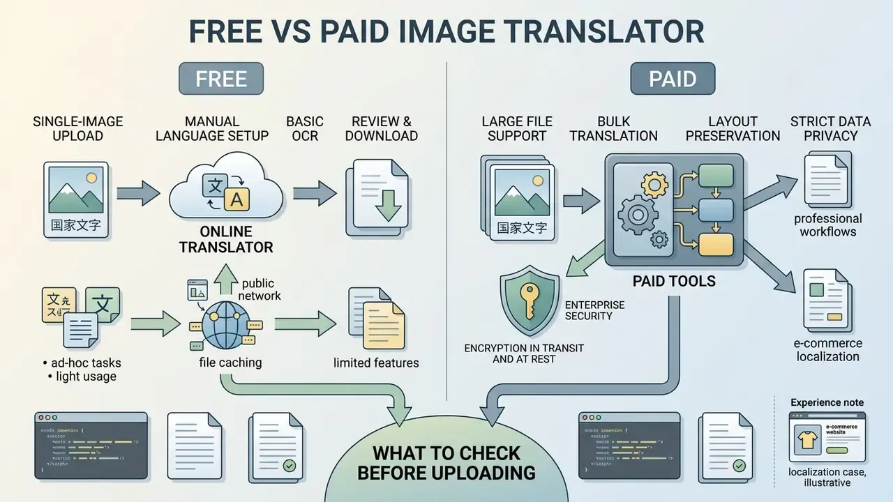 Comparison of free and paid translation workflows showing processing steps and technical capabilities