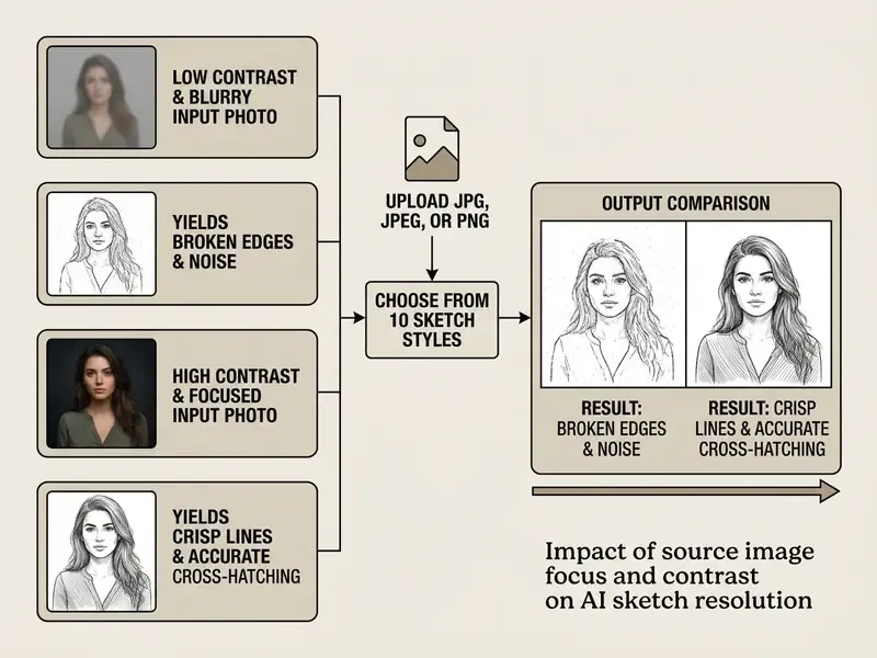 Flowchart comparing how blurry versus focused source images affect the quality of AI sketch outputs