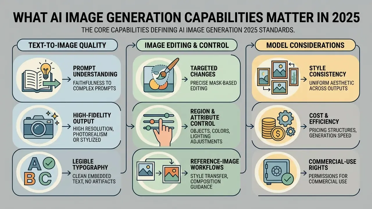 Infographic outlining key AI image generation capabilities including prompt quality and editing controls
