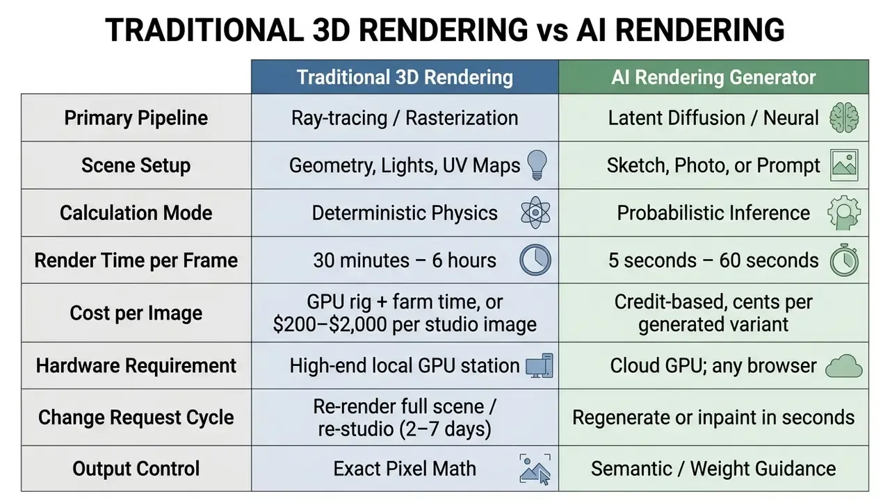 Comparison table contrasting traditional 3D rendering methods with an AI rendering generator workflow