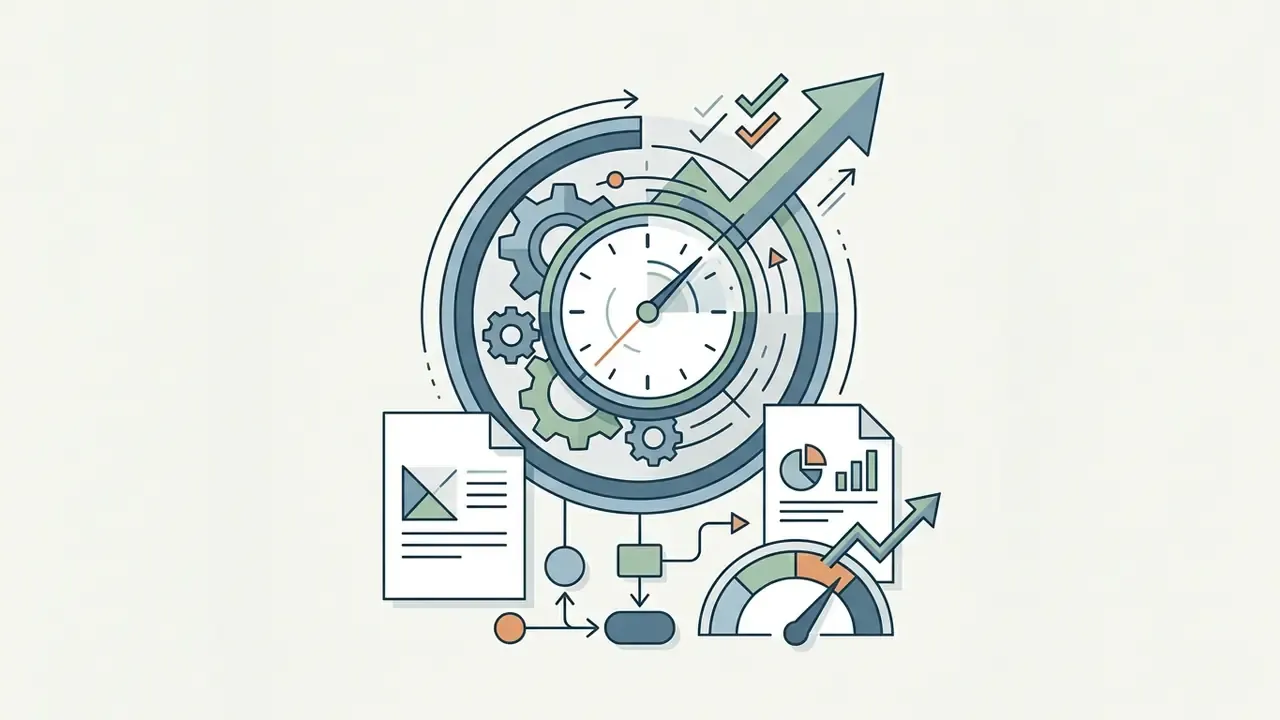 Gears and clock face integrated with documents and a performance gauge to track project progress