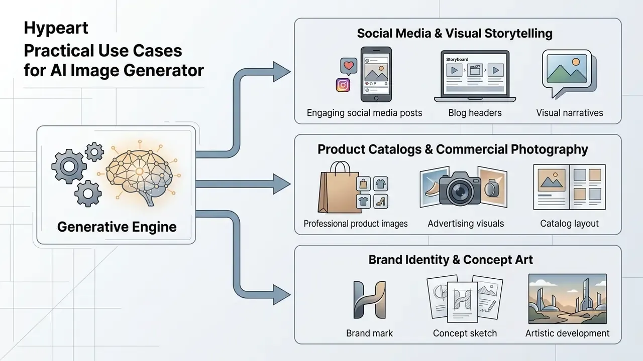 Conceptual layout showing how a generative engine powers social media, commercial photography, and brand art