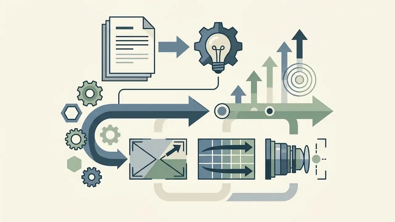 Icons of documents and gears connecting to camera lens settings for shot framing and movement control