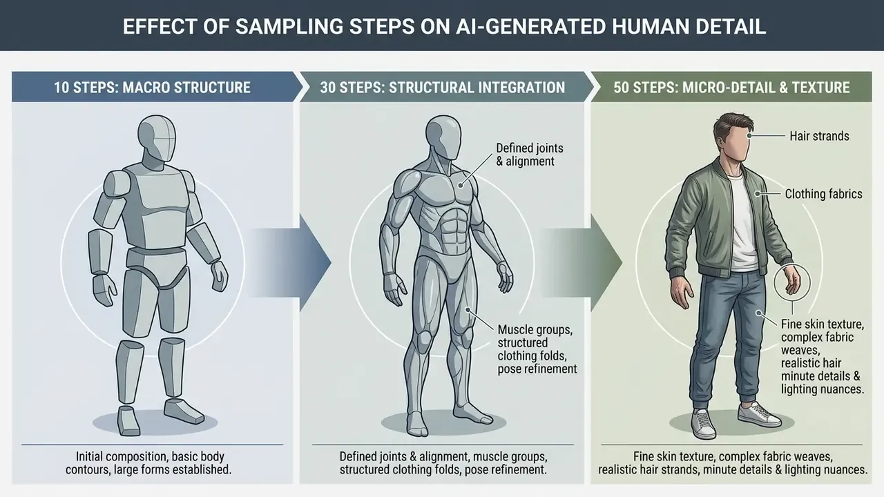 Three panels showing how increasing sampling steps improves figure structure, muscle definition, and texture