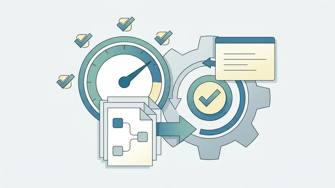 Documents with flowcharts feeding into a speedometer and gear system with checkmark status indicators