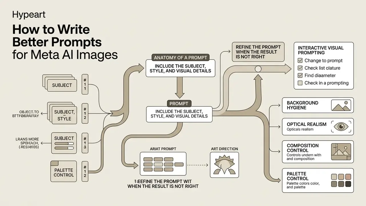 Infographic showing a workflow for constructing effective prompts for Meta AI image generation