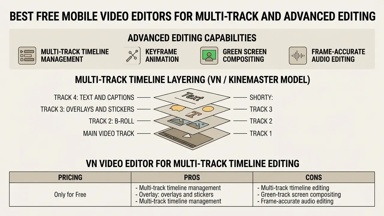 Infographic detailing multi-track timeline layering and advanced features for video production apps